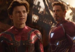 Tom Holland as Spider Man and Robert Downey Jr as Iron Man in Avengers Infinity War