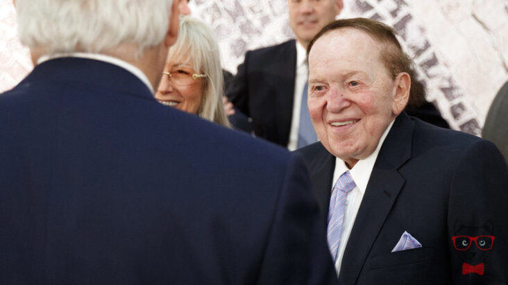 Sheldon Adelson with his wife Miriam talks with then Secretary of State Rex Tillerson before a 2017 speech by President Trump at the Israel Museum in Jerusalem.