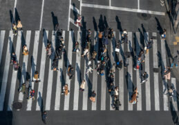 aerial crowd japanese pedestrian crossing street with sunset light elevated view asian people walking busiest road intersection tokyo city
