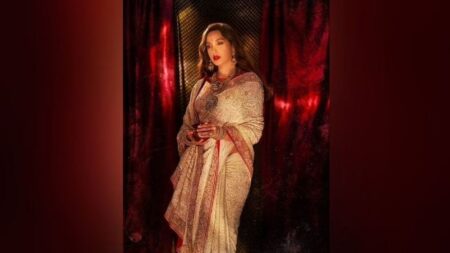 Nora Fatehi looks gorgeous in beige chikankari saree and bold red lip, see pictures