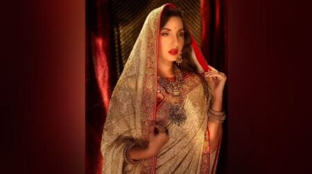 Nora Fatehi looks gorgeous in beige chikankari saree and bold red lip, see pictures