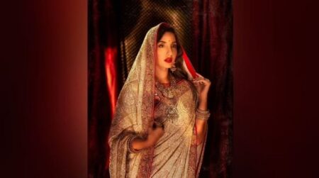 Nora Fatehi looks gorgeous in beige chikankari saree and bold red lip, see pictures