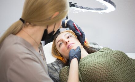 beautician prepare client lips permanent make up procedure