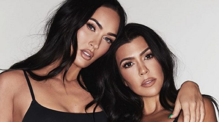 Megan Fox and Kourtney Kardashian pose for Kim Kardashian's new collection in a humorous manner. meganfox kourtney kardashian