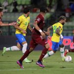 Gabigol 2 d of Brazil takes the ball against Venezuela today during a match for the South American qualifiers for the Qatar 2022 World Cup at the Olympic Stadium of the UCV in Caracas