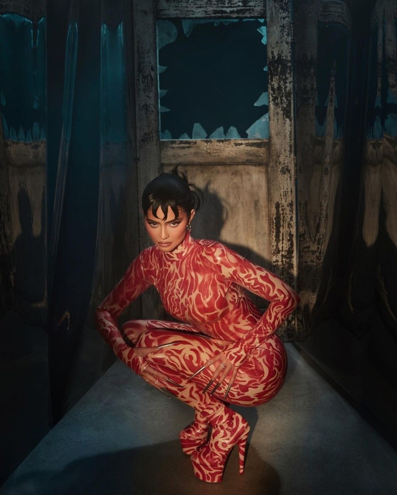 Kylie Jenner promotes her new beauty collection inspired by Freddy Krueger with a bodysuit. Kylie Jenner promotes her new beauty collection inspired by Freddy Krueger with a bodysuit.