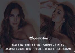 Malaika Arora looks stunning in an asymmetrical thigh high slit rose gold gown