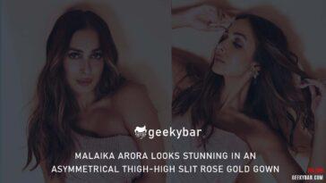 Malaika Arora Looks Stunning In An Asymmetrical Thigh High Slit Rose Gold Gown