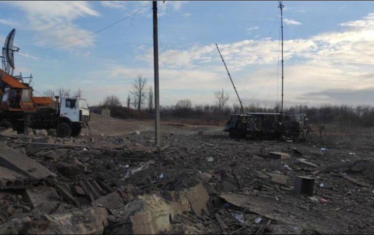 Aftermath of a Russian bombardment of a Ukrainian military post