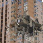 Apartment building damaged after being hit by a missile Kiev Ukraine on February 26 2022