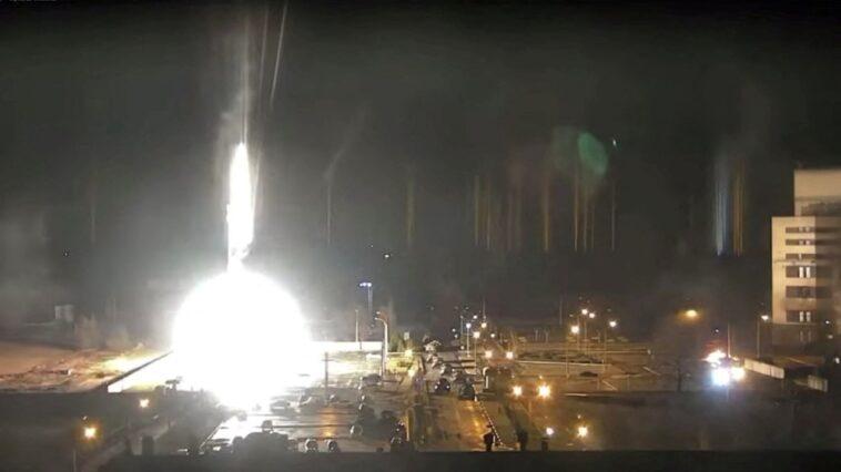 This image from a webcam shows a detonation at the site of the Zaporizhia nuclear power plant