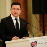 Ukrainian president Volodymyr Zelensky in Kyiv Ukraine attends a joint news conference after he held crisis talks with Prime Minister Boris Johnson amid rising tensions with Russia.