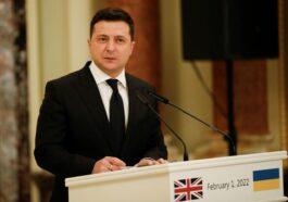 Ukrainian president Volodymyr Zelensky in Kyiv Ukraine attends a joint news conference after he held crisis talks with Prime Minister Boris Johnson amid rising tensions with Russia.