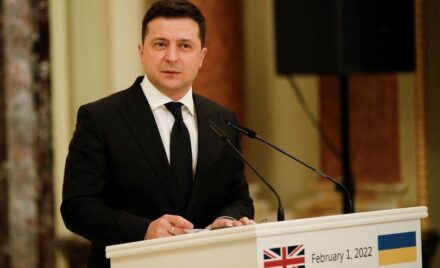 Ukrainian president Volodymyr Zelensky in Kyiv Ukraine attends a joint news conference after he held crisis talks with Prime Minister Boris Johnson amid rising tensions with Russia.