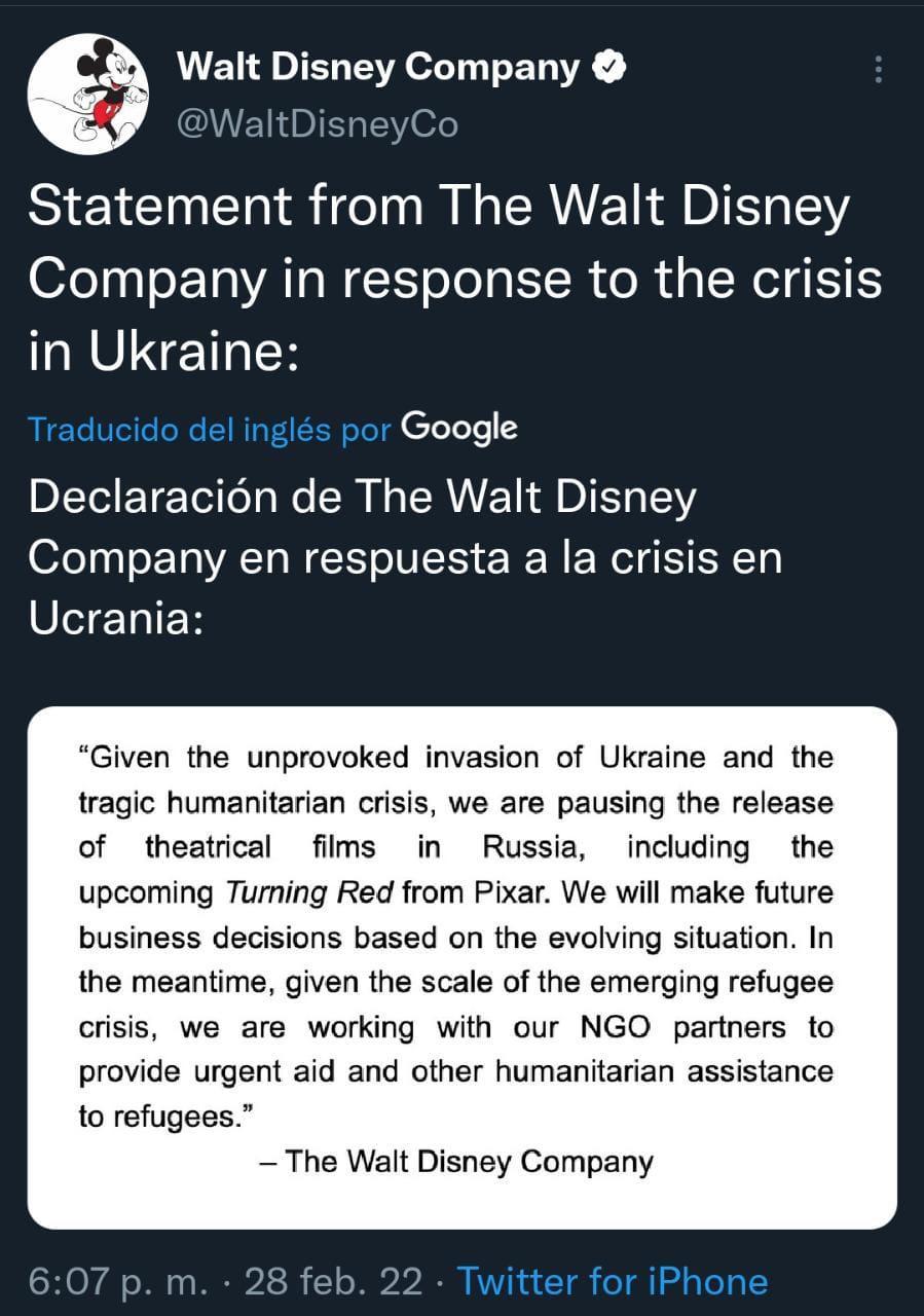 Disney will not release its films in Russia due to the invasion of Ukraine This is the statement issued by the American company Walt Disney. Photo: Capture