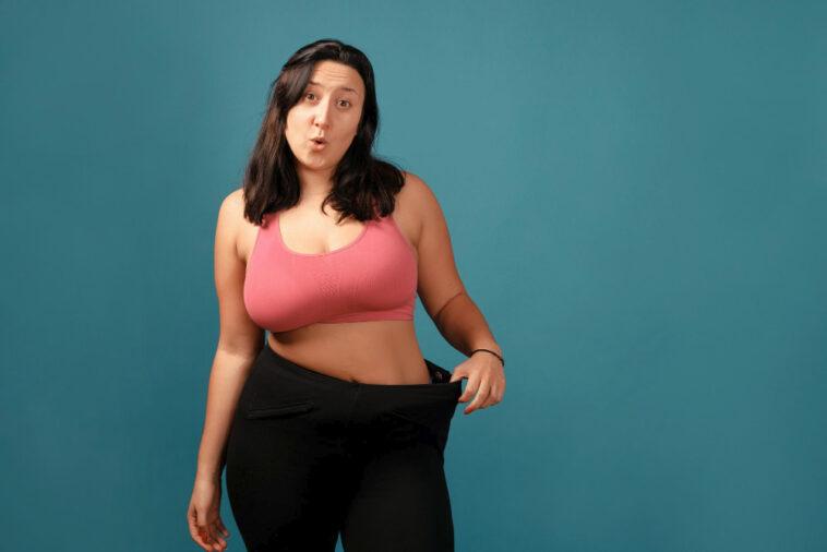 happy plus size positive woman happy body positive concept i love my body attractive overweight woman posing camera before after from fat slim concept
