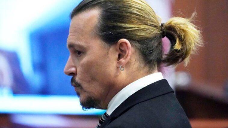 Actor Johnny Depp waits for the jury to enter the courtroom after a break at the Fairfax County Circuit Courthouse in Fairfax Va. Monday April 18 2022.