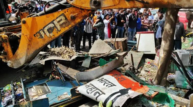 Jahangirpuri A demolition drive by the North MCD is underway. The anti encroachment drives comes days after a communal clash broke out in the neighbourhood
