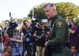 Deputy Jeff Hallock speaks during a news conference following a shooting that took place at the Geneva Presbyterian Church in Laguna Woods California USA.