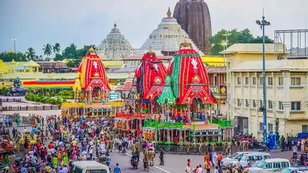 Chariots of Lord Jagannath Balabhadra and Devi Subhadra ahead of the annual Rath Yatra festival at Grand Road in Puri. PTI